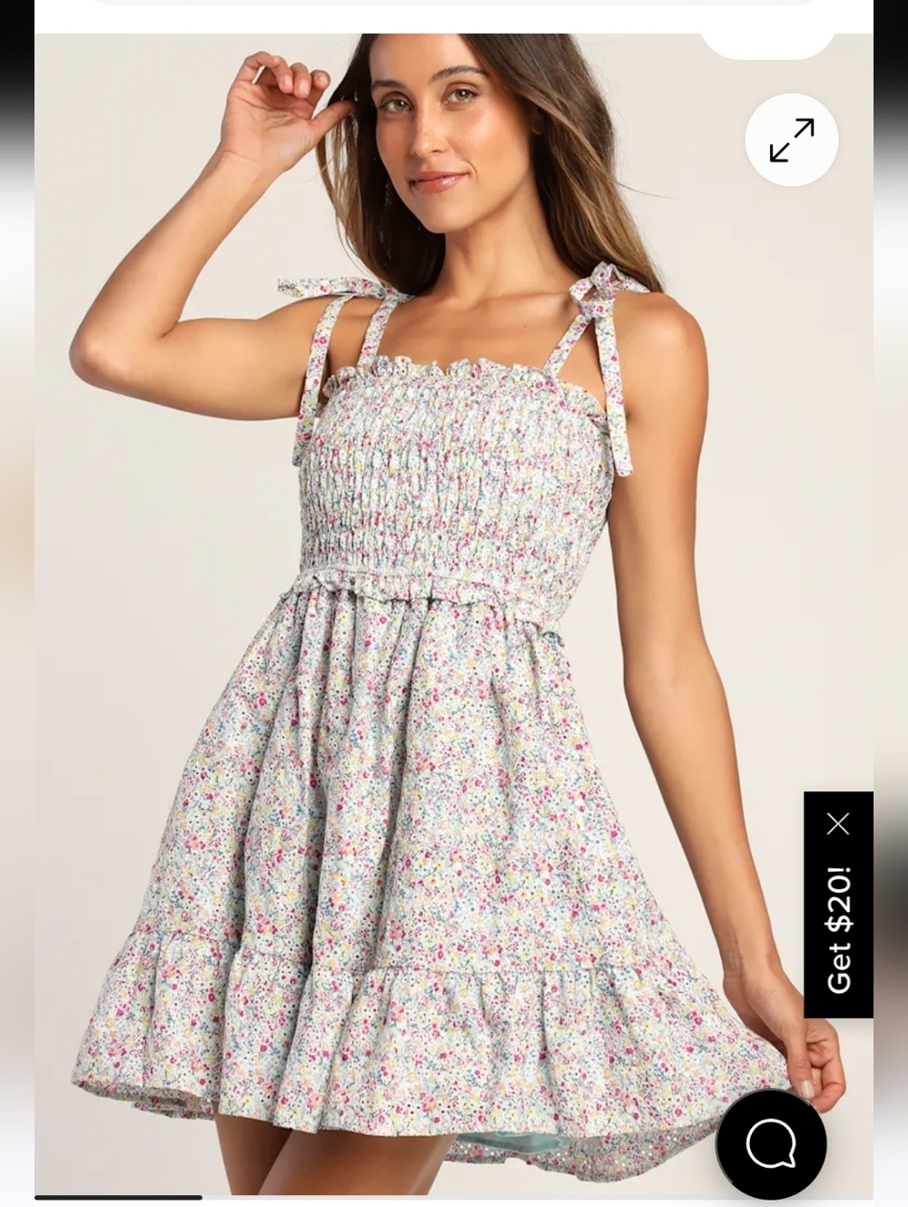 Lulu's  Bloom Blue Floral Eyelet Tie-Strap Mini Dress With Pockets embroidery